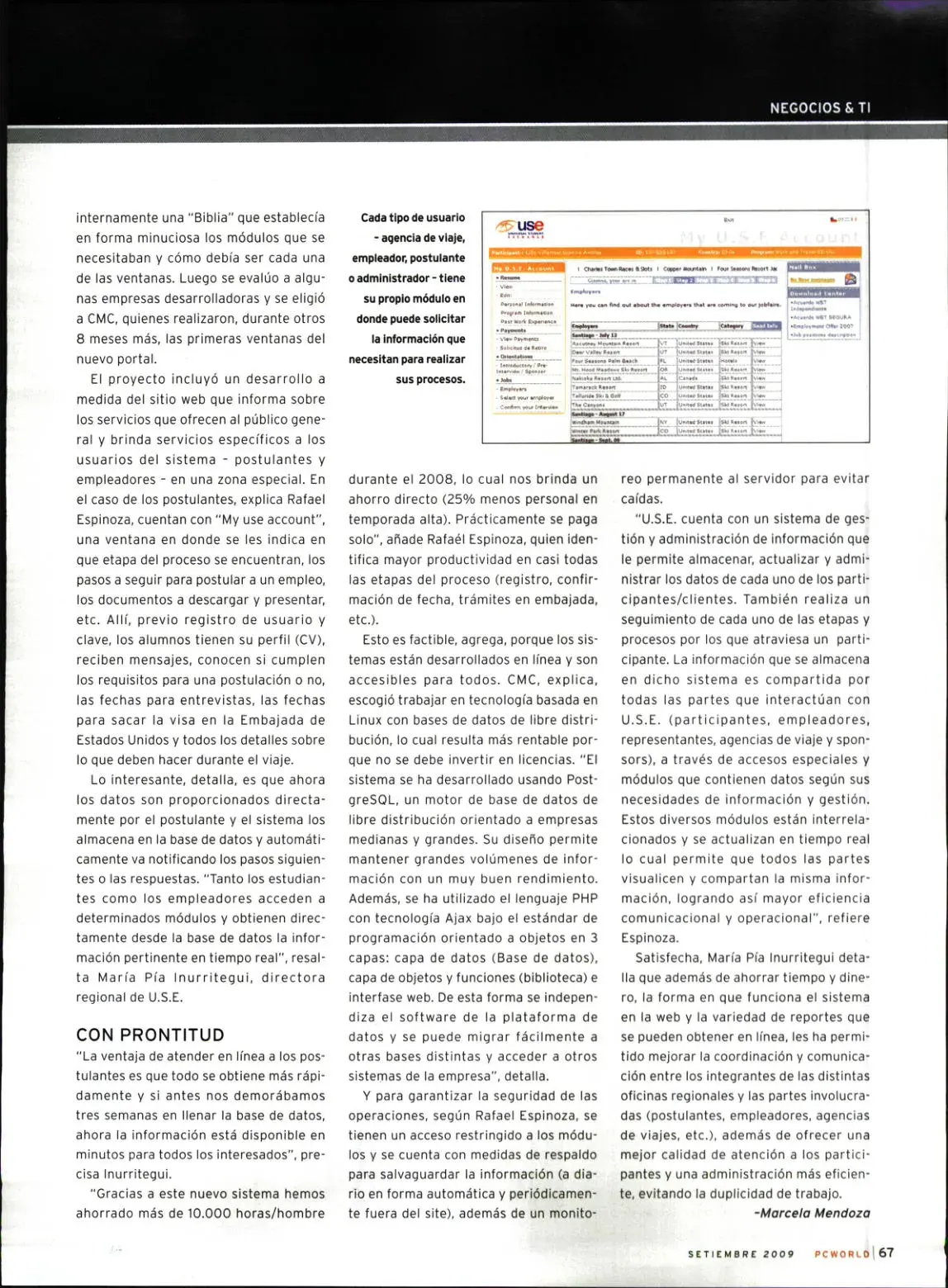 Cómo USE digitalizó el intercambio cultural y el entrenamiento profesional remunerado en Estados Unidos — PC World, 15/09/2009 (página 2 de 2)